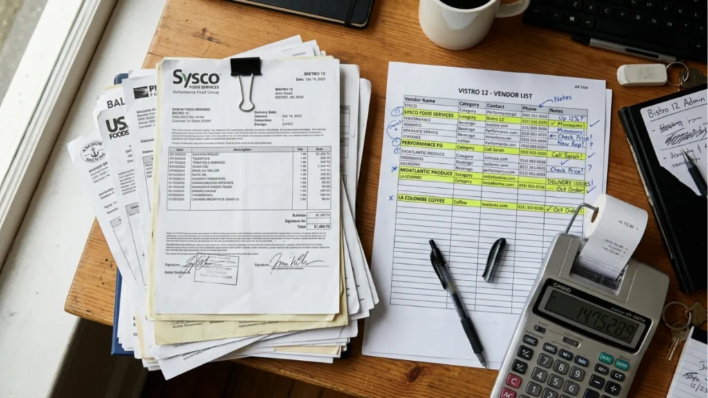 Marked-up restaurant vendor list and invoices during data cleanup for an R365 build.
