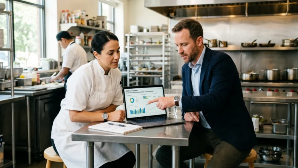 Operator and consultant reviewing a restaurant period-close report together.
