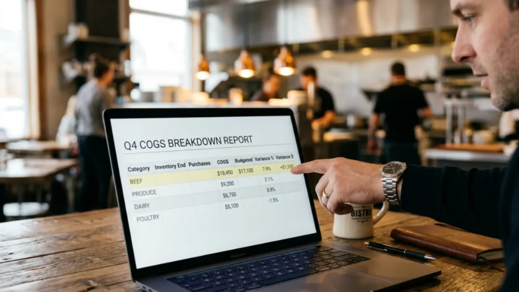 R365 COGS report showing ingredient-level cost breakdown with variance highlighted
