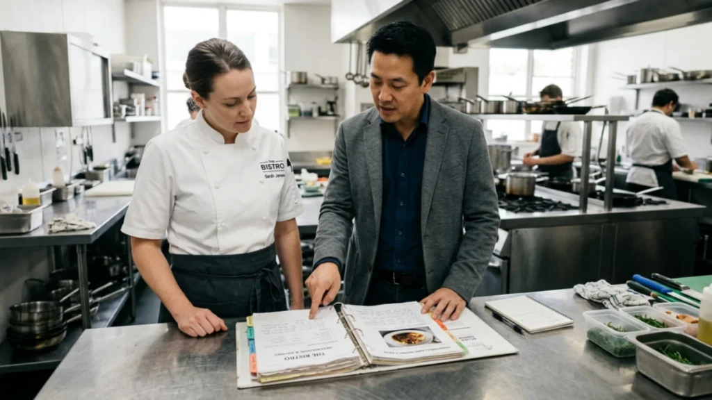 Restaurant chef and owner reviewing a printed recipe binder before service.
