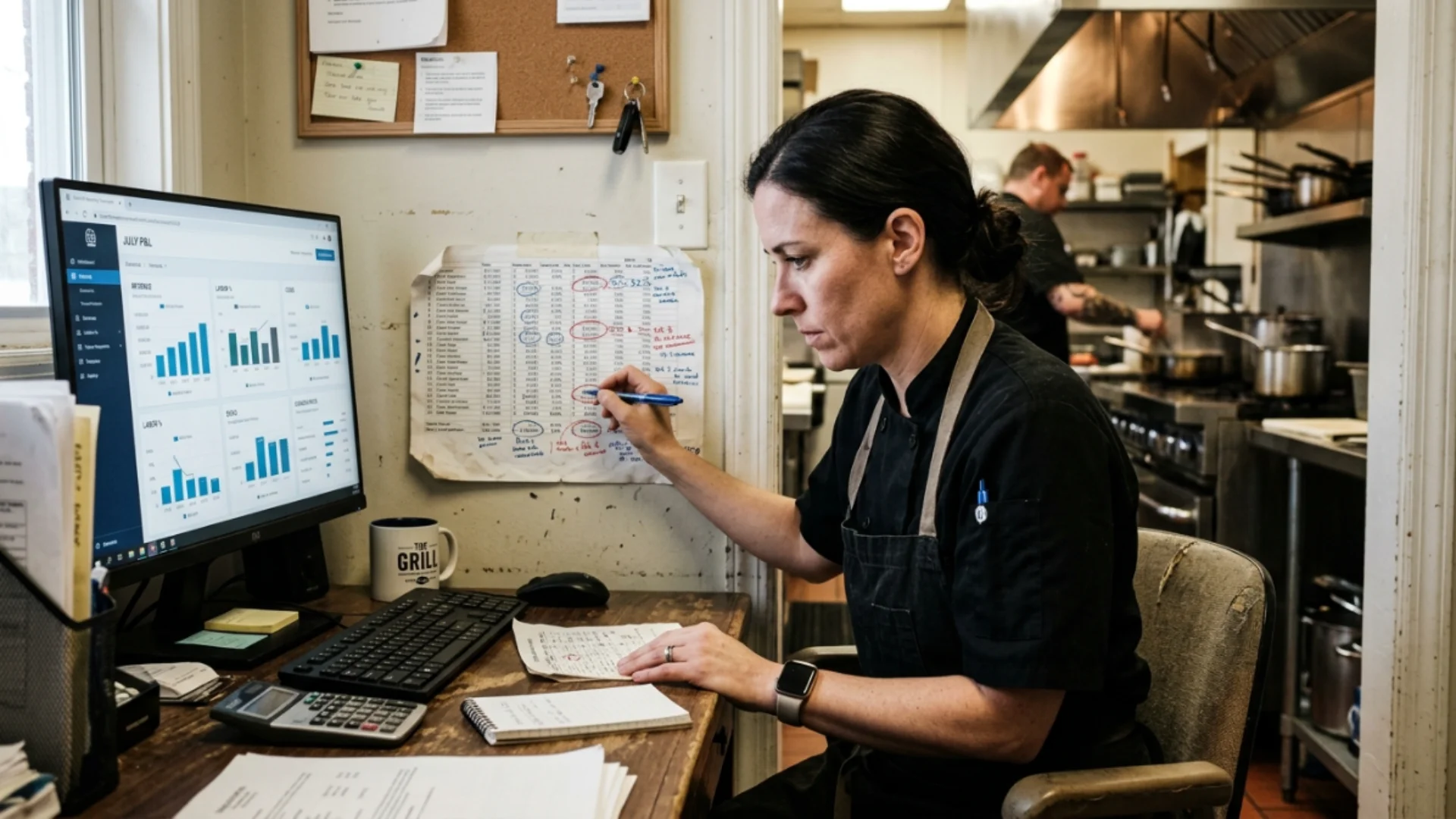 Restaurant manager working from a printed spreadsheet next to an open reporting dashboard.