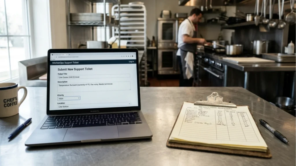 Support ticket on a laptop beside a restaurant inventory count sheet on a prep table.
