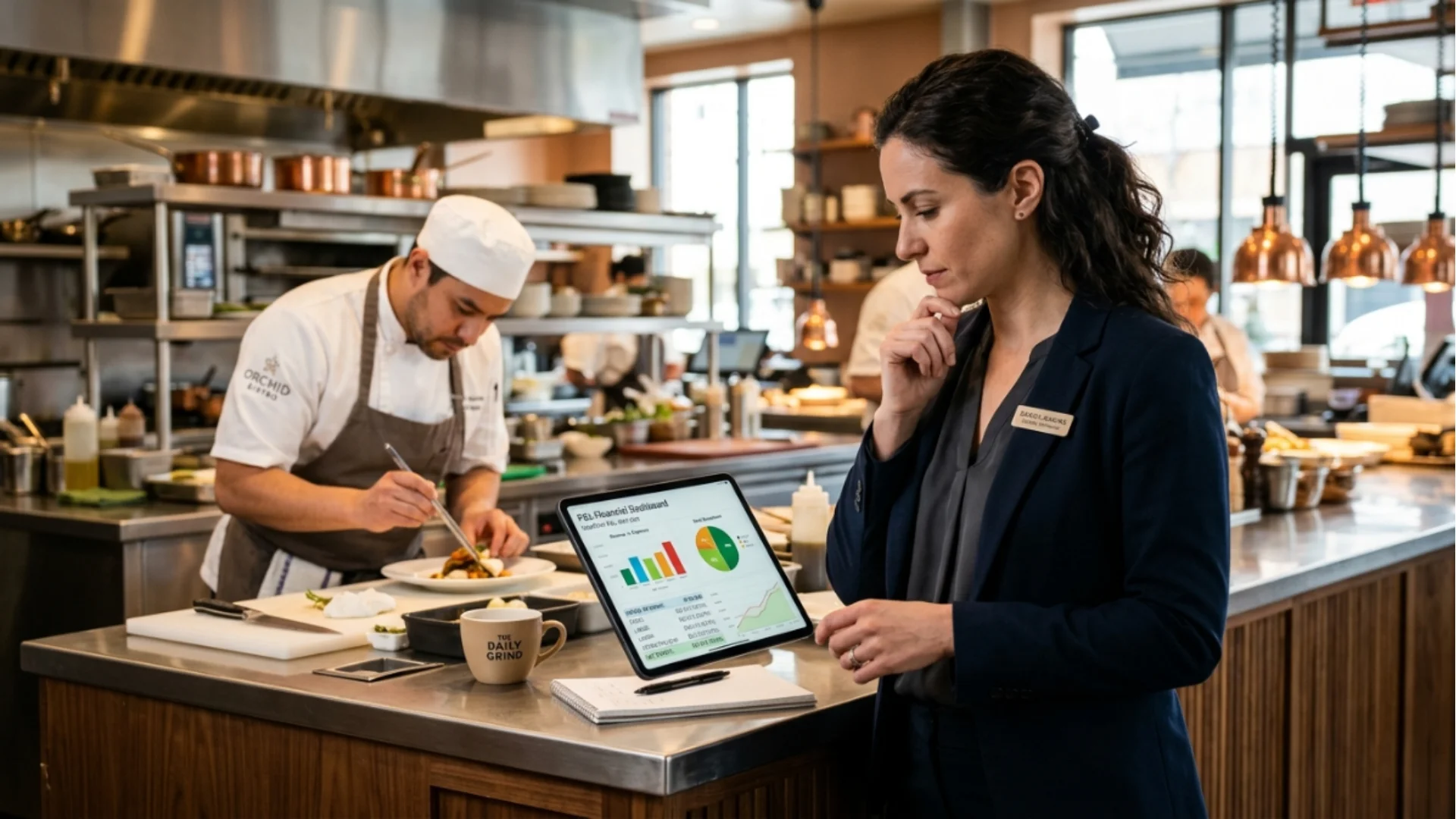 Restaurant manager reviewing R365 dashboard on tablet in kitchen