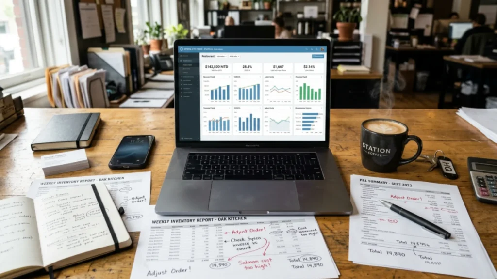 Restaurant operator analyzing food cost data and inventory reports at desk
