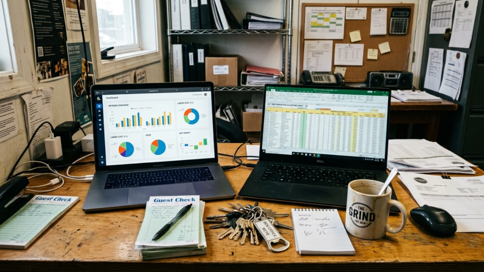 Two laptops in a restaurant office comparing a reporting dashboard and a manual spreadsheet.